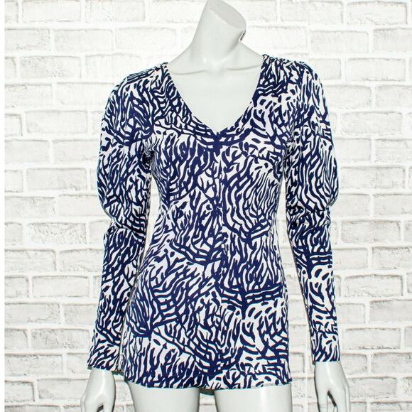 Vintage MISSONI Women's V-Neck Blouse blue print Size Small Made in Italy - Picture 1 of 7